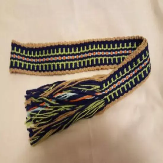 Item20191207 Powder horn strap belt blue, green, tan cotton 44.5" long x1 3/8"