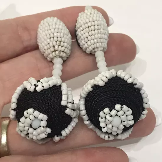 ZARA Tribal Drop Oversized Statement Beaded Ball Black White Boho Drop Earrings