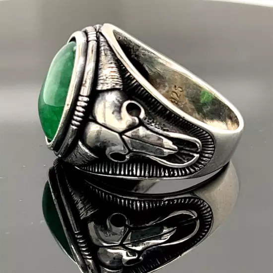 Man Green Jade Stone Ring , Silver Bull Head Ring , Handmade Silver Animal Ring