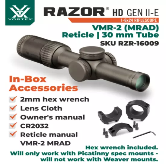 Vortex Optics Razor HD Gen II-E 1-6x24 VMR-2 MRAD Riflescope with Rings and Hat