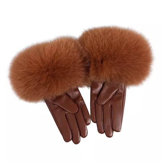 Women Genuine Lambskin Leather Gloves With Real Fox Fur Trim Cuff Winter Warm