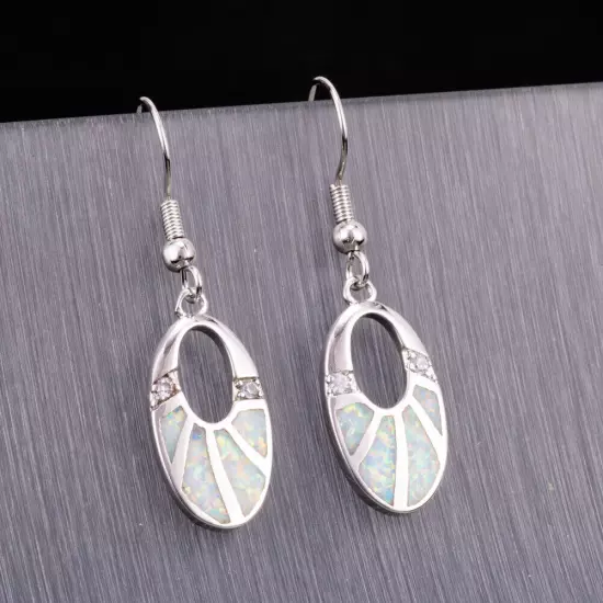 White Fire Opal Oval CZ Silver Jewelry Women Dangle Drop Earrings