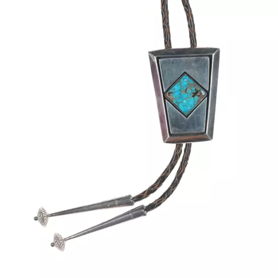 c1970 Alberto Contreras Sterling Modernist bolo tie with turquoise 40"