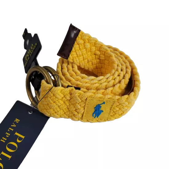 Polo Ralph Lauren Leather-Trim Canvas Belt Men Small Yellow Double D Ring Braid