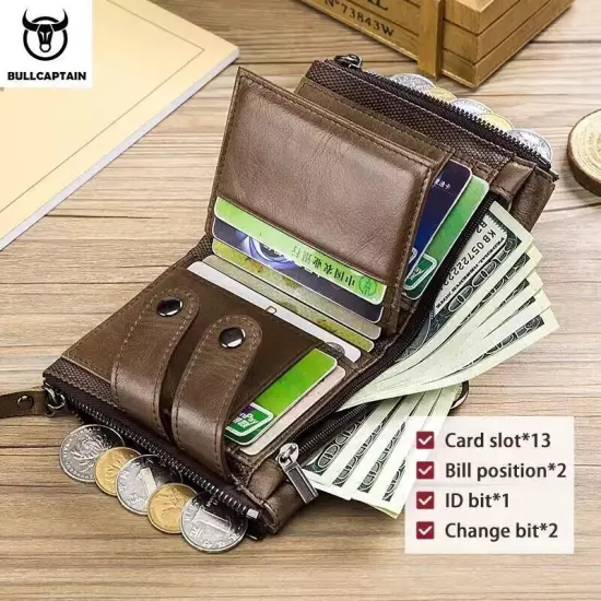 BULLCAPTAIN Men RFID Blocking Leather Card Holder Zipper Wallet Anti-theft Chain