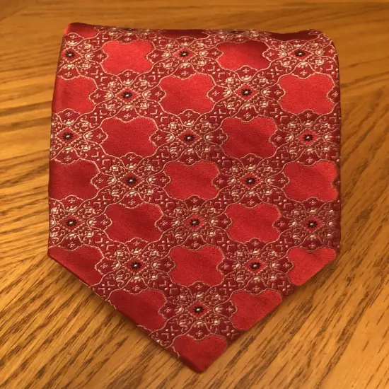 Jos. A. Bank Signature Silk Tie, Italy Red & White Floral Geometric Design 