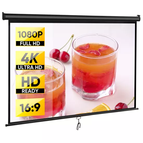 80" Projection Screen Portable 16:9 HD 4K Movie Screen Pull Down Indoor Outdoor