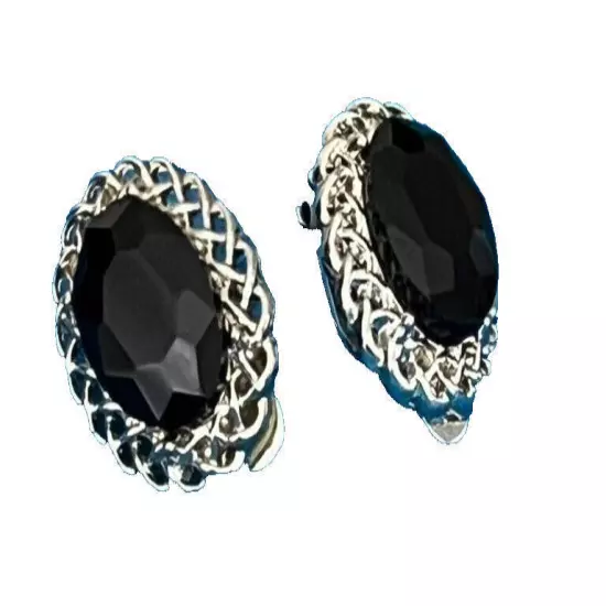 E21 Large Black Oval Crystal Silvertone Clip Earrings