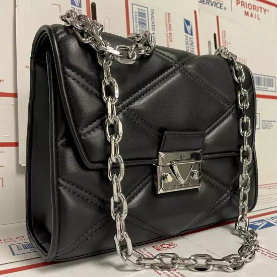 $628 Michael Kors SERENA MD FLAP SHLDR LEATHER Handbag Black MK Purse Bag NWT