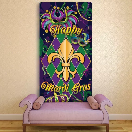 Mardi Gras Carnival Door Cover, Large Fabric Happy Mardi Gras Sign Party Door...