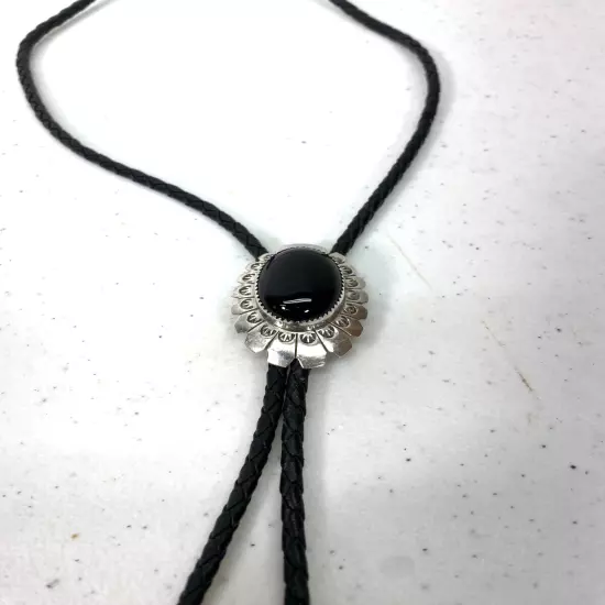 Vintage Silver Navajo Style Bolo Tie Black Onyx Stamped AP Sterling