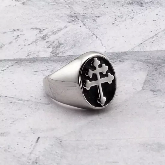 Stainless Steel Men's Cross of Lorraine Ring Knights Templar Crusader Jewelry