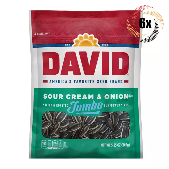 6x Bags David Jumbo Sour Cream & Onion Sunflower Seed | 5.25oz | Roasted