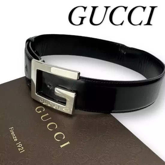 Gucci G logo square buckle leather Plain belt size 65/26 Black 037 Men Used JPN