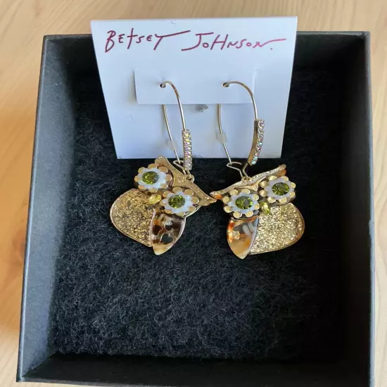 Betsy A Johnson Owl Earrings With Green Glass Eyes