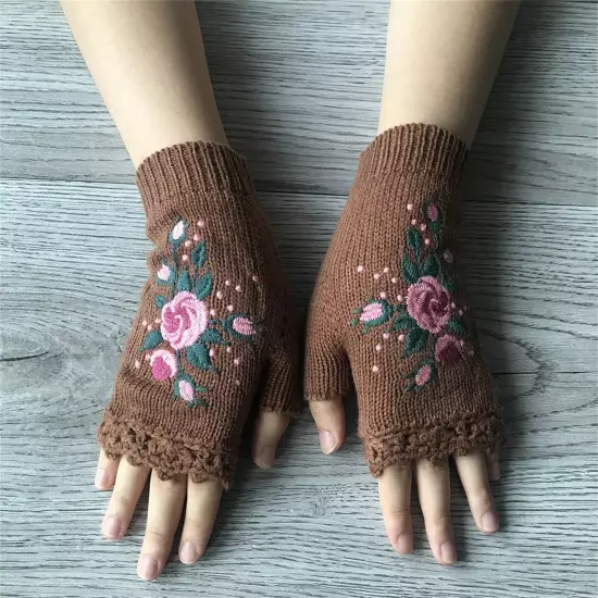 Women Handmade Embroidery Gloves Knit Gloves Flower Gloves Hand Knit Fingerless