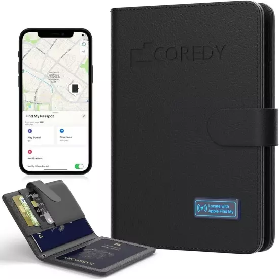 Coredy Passport Holder with Bluetooth Tracker, Works w. Apple Find My (iOS Only)