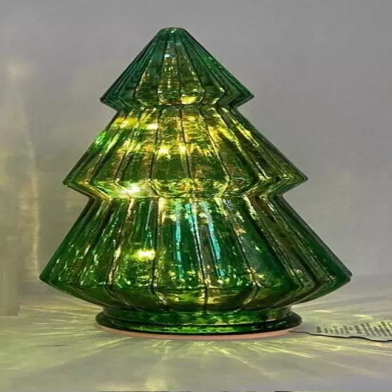 9.5" Ganz Lit Glam Mercury Glass Light Up Green Christmas Tree Table Lamp Decor