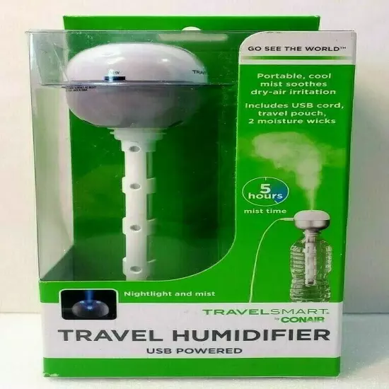 Travel Smart Conair Humidifier USB Powered 5 hr Nightlight & Mist W/Travel Pouch