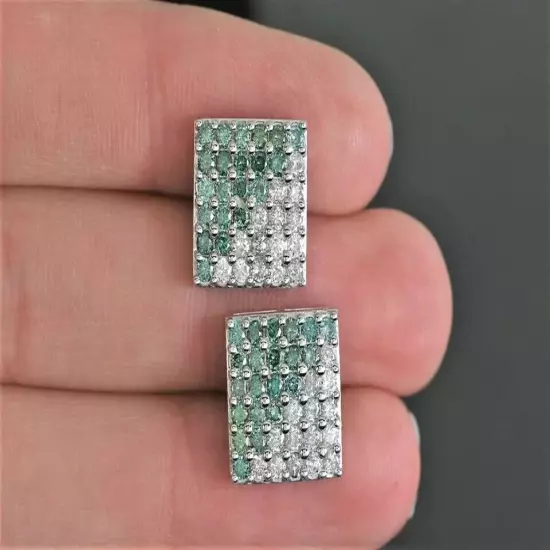 Men's 14K White Gold Plated Half Round Green Diamond Square Screw Stud Earrings~