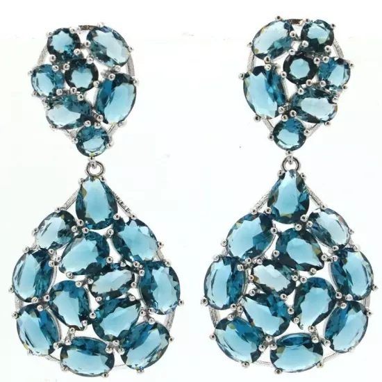 Stunning Long Big Heavy London Blue Topaz Woman's Party Silver Earrings 