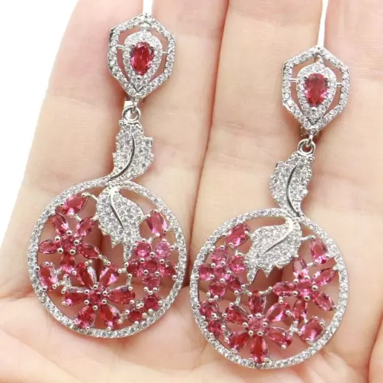 High Trendy Pink Raspberry Rododlite Garnet CZ Gift Silver Earrings 