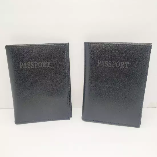 2 Matching Vintage Genuine Leather Black Passport ID Holder Travel Wallet 5.5"H