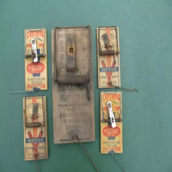 Vintage Collection of 5 Wooden Snap Rat & Mouse Traps All Working McGill Victor