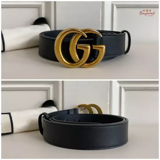 Authentic Gucci Black Calfskin Leather Gold Double G Buckle Slim Belt 80/32