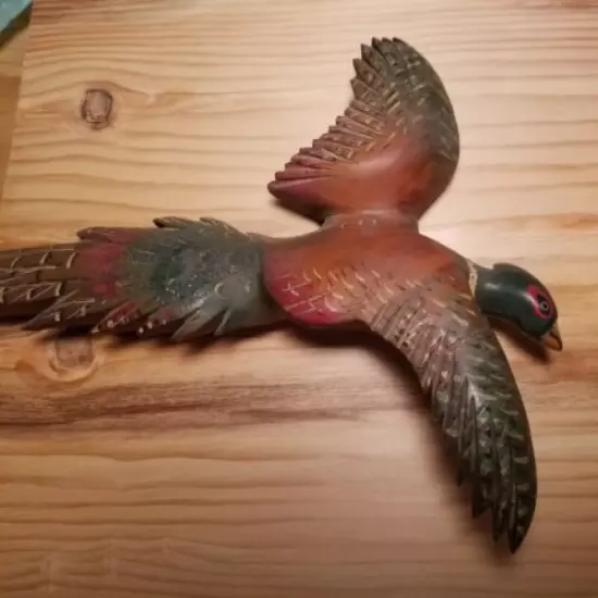 Pair VINTAGE Carved Pheasants Hand Painted Carved Cedar