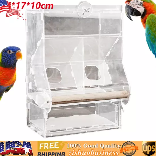 Clear Acrylic Bird Cage Feeder Double Hopper Wood Perches Automatic Feeder USA