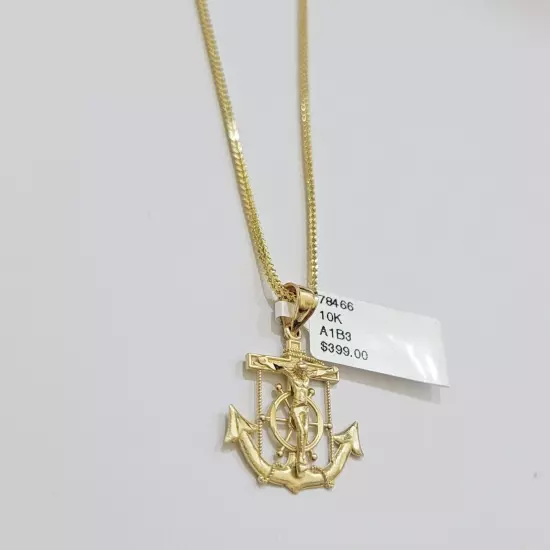 Real 10k Gold Franco Chain 22 Inch Jesus Anchor Charm Pendant Necklace SET END