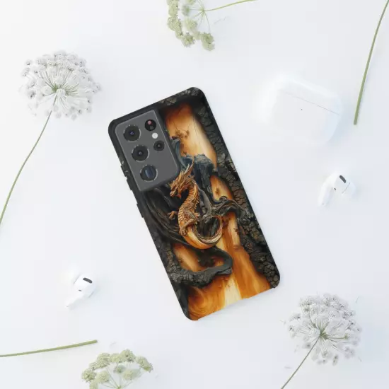 For iPhone, Samsung Galaxy, Pixel - Phone Case Cover - Carved Wood Dragon Print