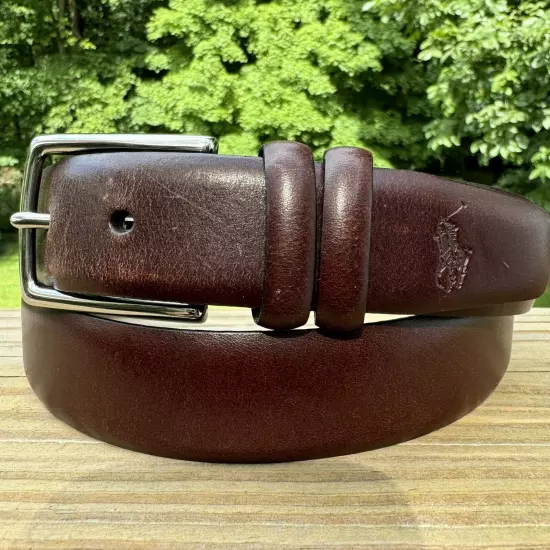 CLASSIC Polo Ralph Lauren Brown Leather Dress Belt w/ Embossed Logo Size 38