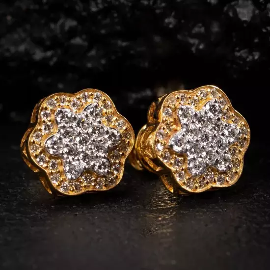 1.86Ct Lab Created Diamond Flower Cluster Men's Stud Earrings 14K Yellow Gold FN