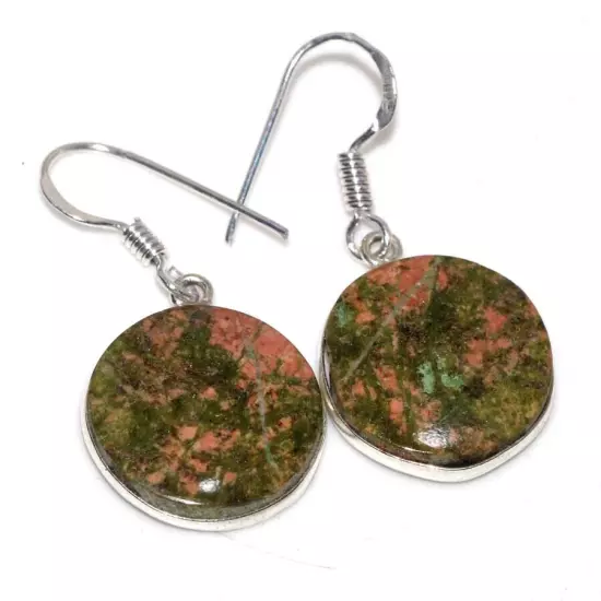 925 Silver Plated-Unakite Ethnic Round Earrings Jewelry 1.5" GW