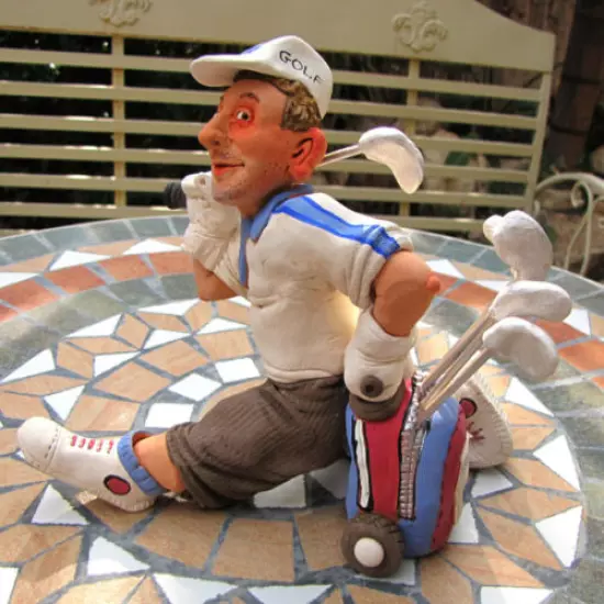 Golf Player Handmade Ceramic Figurine, with club shoe glove Golfer ball cart bag