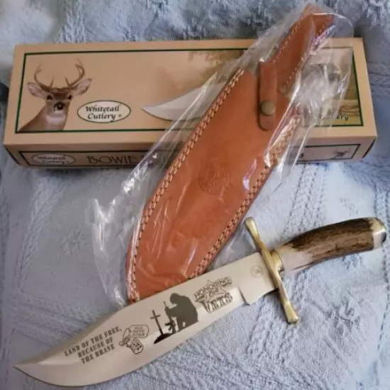 WHITETAIL BOWIE KNIFE 14"/SHEATH HONORING OUR VETS STAINLESS STEEL STAG HORN NEW