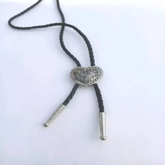 Silver Heart Shape Bolo Tie W/ 36" 4mm Black Braided Cord W/1.25 " Silver Tips