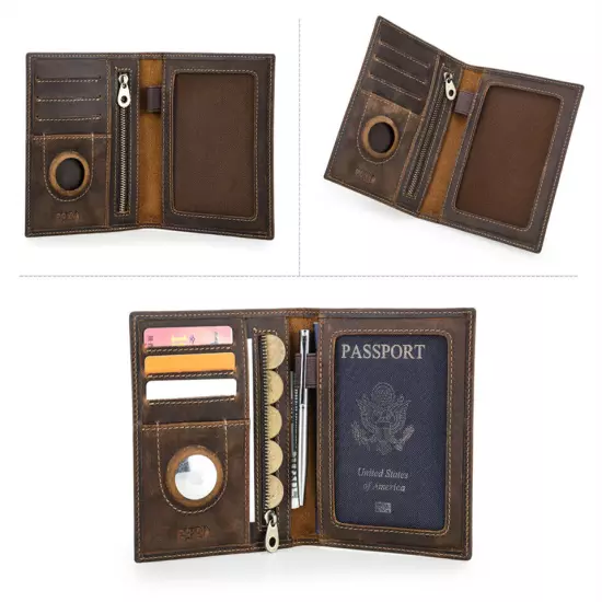 Genuine Leather RFID Coin Pen Passport Holder Bag Wallet AirTag Card Slot Travel