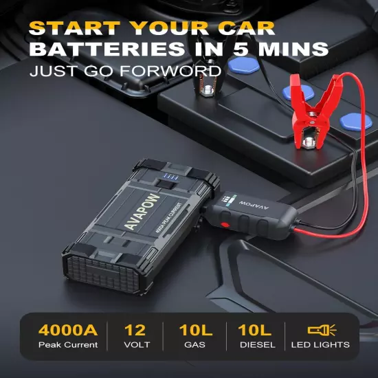 Car Jump Starter, 4000A Peak Battery (For All Gas or up to 10L Diesel), Portable