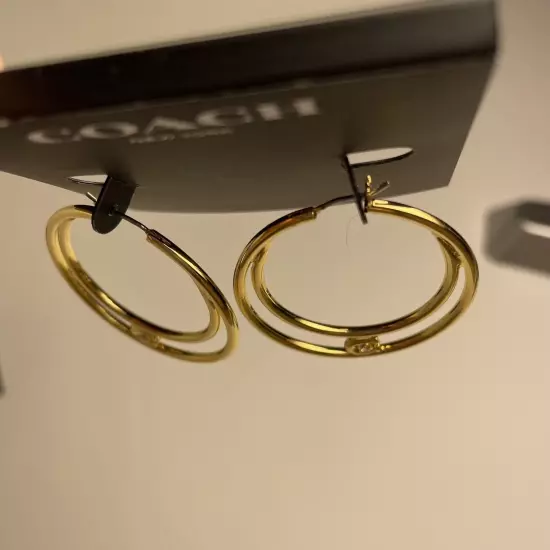 Earrings Coach Double Hoop Gold With Crystal In The Signature C New With Tags