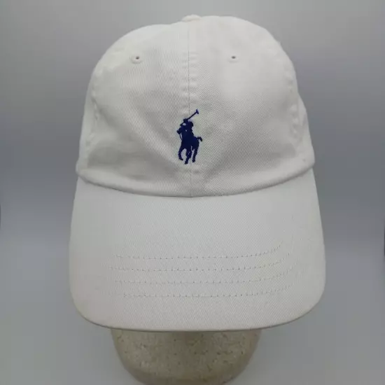 Polo Ralph Lauren Hat Cap Strap Back Solid White with Blue Pony Logo and Script