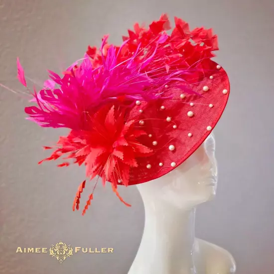 Bridal Hat Faux Pearl Red Cream Holiday Breeders Cup Fascinator Kentucky Derby