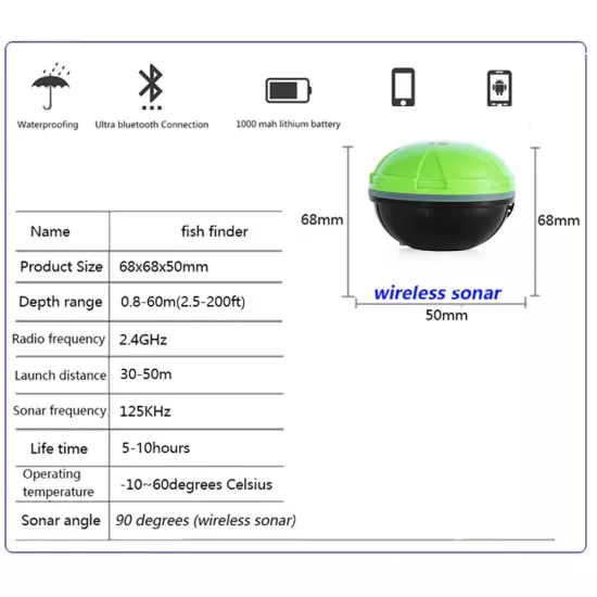 Wireless Bluetooth Smart Sonar Fish Finder 48m/160ft Equipment For IOS Android