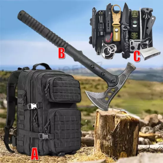 Outdoor Survival Kits Military Tactical 45L Backpack Camping Hammer Axe EDC Gear