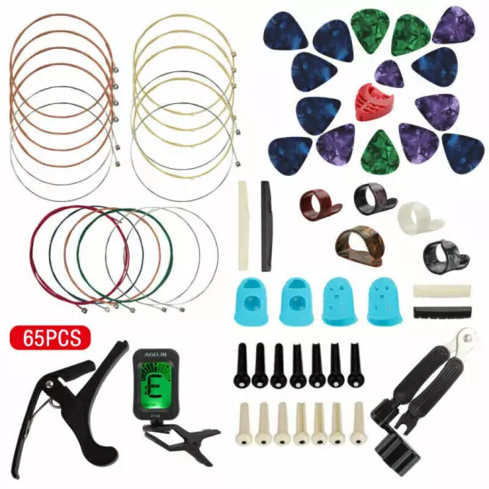 65Pcs Guitar Accessories Kit Guitar Changing Tool Strings Picks Pins Capo Tuner