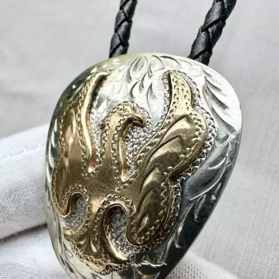 Stunning Tooled Gold And Silver Eagle Bolo Tie Vintage