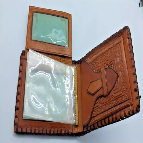 Vintage Bi Fold Wallet Made in Mexico Brown Genuine Leather 1970s Horse Pistol