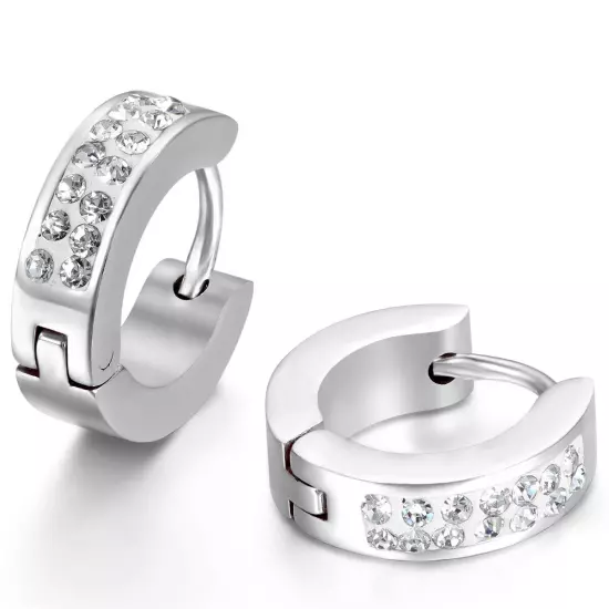 Men's Women's Unisex Stainless Steel Rhinestone Charm Hoop Huggie Earrings 2PCS